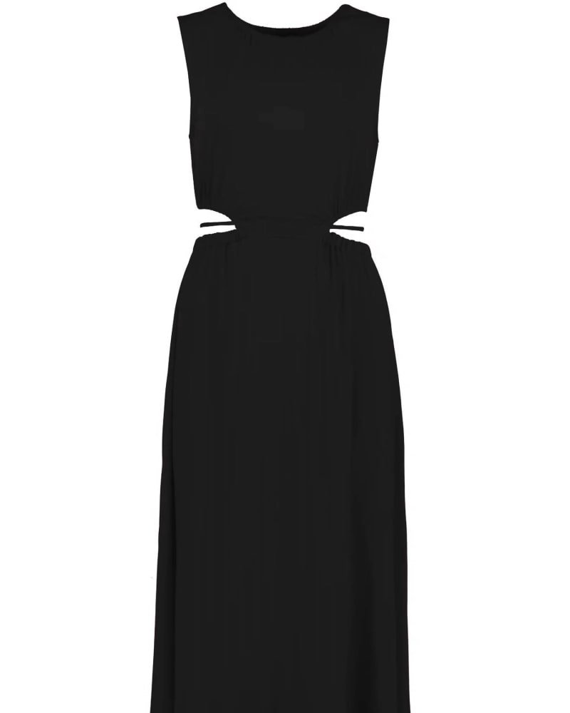 Front of a size L Calypso Dress in Black in Black by bishop + young. | dia_product_style_image_id:335450